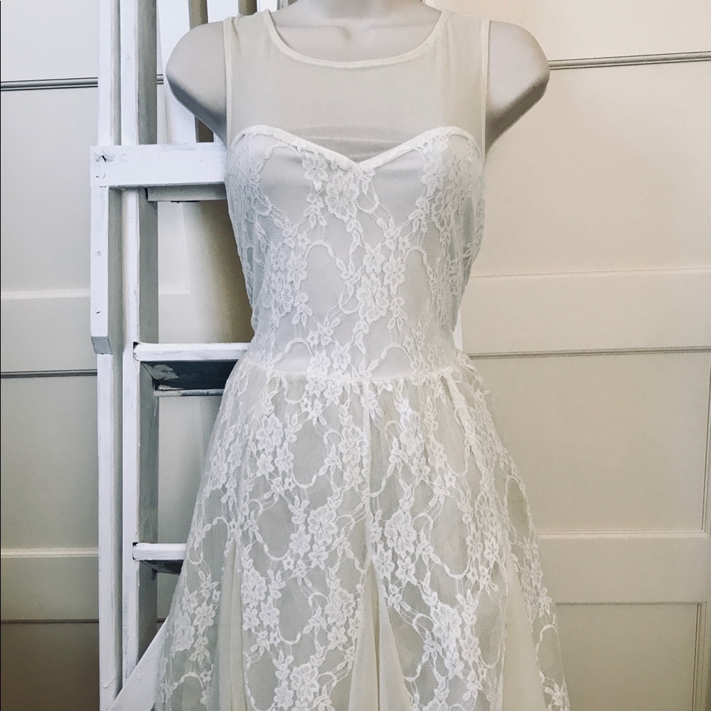 Cream Lace Dress with Deep V Back